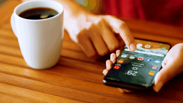 Pessoa usando um smartphone com a tela aberta em aplicativos de mensagens, incluindo WhatsApp, ao lado de uma xícara de café. A imagem ilustra o uso frequente do app e serve como contexto para discussões sobre bloqueios no WhatsApp em operações comerciais.