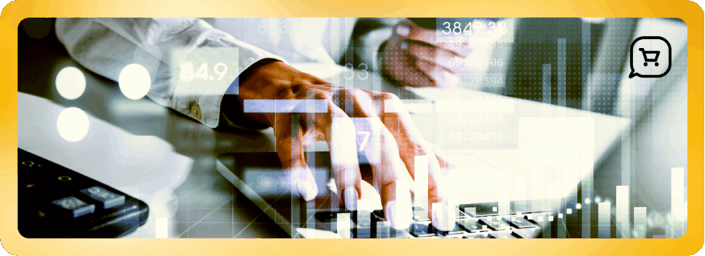 Pessoa digitando em notebook com gráficos digitais e indicadores de performance sobrepostos, representando análise de dados e estratégia de vendas influenciadas no WhatsApp.