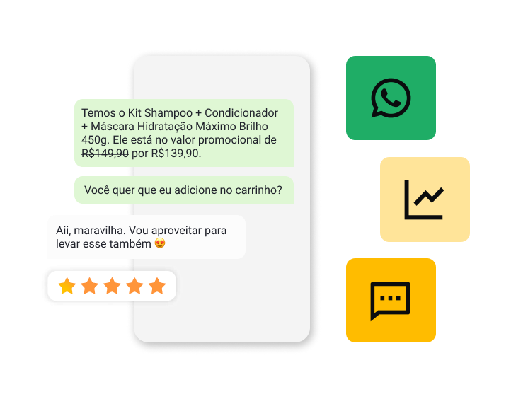"Ilustração de uma interface de chat em um smartphone mostrando uma experiência positiva de compra que gera um alto CSAT. Na tela, balões de conversa mostram um vendedor oferecendo um kit de cosméticos e a resposta satisfeita de um cliente. Ao lado, ícones flutuantes representam o WhatsApp, um gráfico de crescimento e um balão de diálogo, culminando em uma avaliação final de cinco estrelas, que simboliza o sucesso na métrica de CSAT.